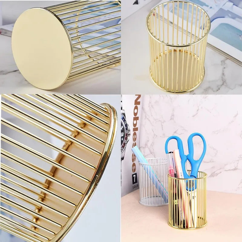 Gold Metal Pen Holder Cup for Desk Makeup Brushes Pencil Holders Home Office Organizer