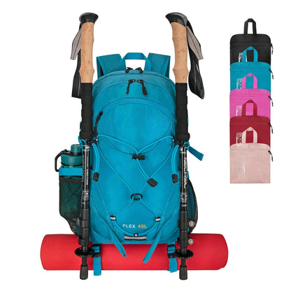 45L Foldable Water Resistant Hiking Backpack With Rain Cover & Trekking Pole Holder Ergonomic Daypack Black For Mountaineering Climbing Camping Backpacking Fishing Cycling Multi-Day Trek Weekend Travel Outdoor Sports Men Wome
