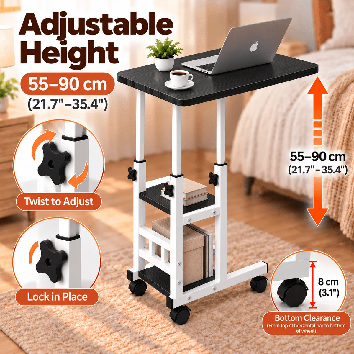 Portable Rolling Laptop Desk with Wheels for Bed, Adjustable Height Laptop Table for Couch, Small Computer Desk, Black