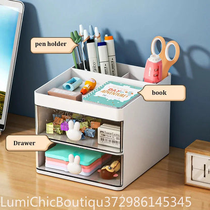 Small Desk Organizer With Drawer Multi‑Function Desktop Storage Box For Office Stationery Makeup Pen Pencil Business Card Mobile Phone