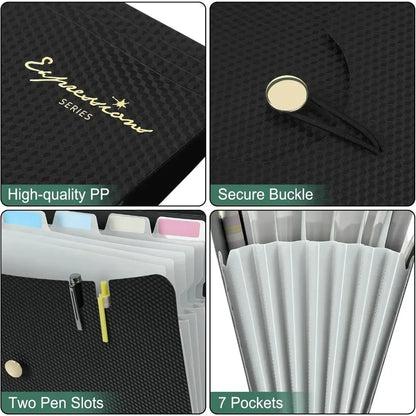 7-Pocket Expanding File Folder, Letter Size, Portable Document Organizer with Bungee Closure, Black