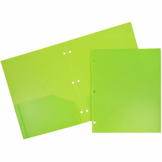 Heavy Duty Plastic 3 Hole Punch School Folders with Pockets, Lime Green, 3/Pack