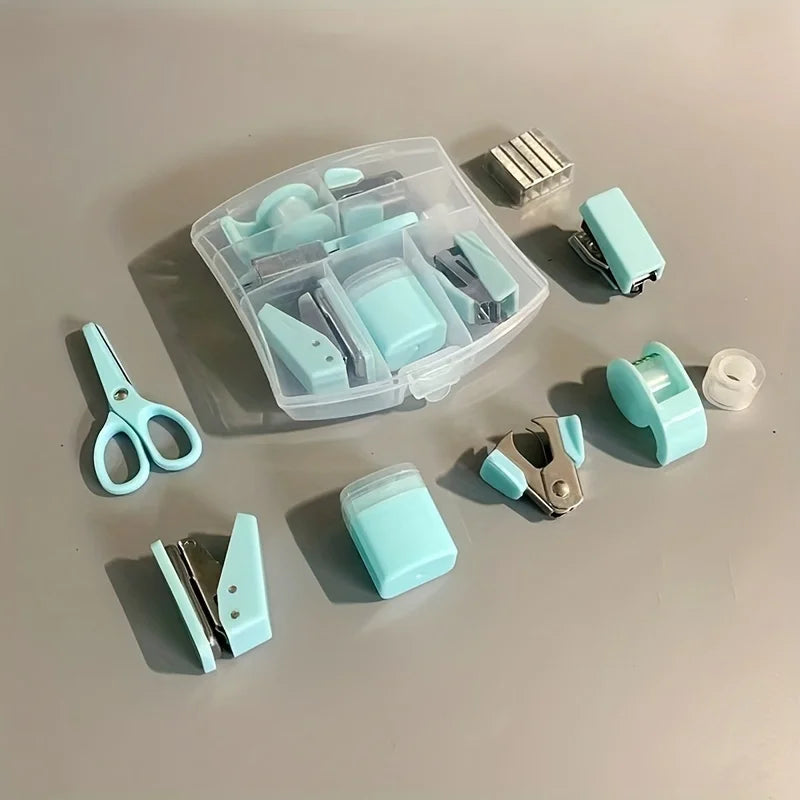 8 Pcs Mini Office Supplies Set with Portable Case Including Scissors Tape Dispenser Pencil Case Hole Puncher and Staples for Home School Desktop Stationery