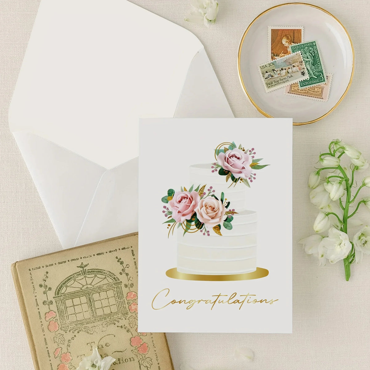 10 Pack Gold Foil Congratulations Greeting Cards with Envelopes & Sealing Stickers, Floral Wedding Cake Design Blank Inside Note Cards for Wedding Engagement Bridal Shower Marriage Gift