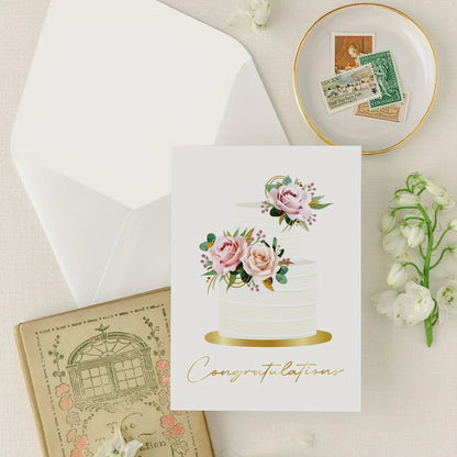 10 Pack Gold Foil Congratulations Greeting Cards with Envelopes & Sealing Stickers, Floral Wedding Cake Design Blank Inside Note Cards for Wedding Engagement Bridal Shower Marriage Gift