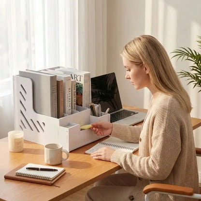 This Multi-Functional Desktop File Organizer Is Suitable For Office A4 Letter Paper And Documents, And Can Also Be Used As A Pen Holder, Book And Document Organizer On A Home Desk.