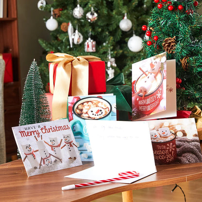 12 PCS Christmas Greeting Cards with Envelopes for Winter Holiday Xmas Season Merry Christmas Cards Hot Cocoa Collection, Wintertime Gifts, Invitations