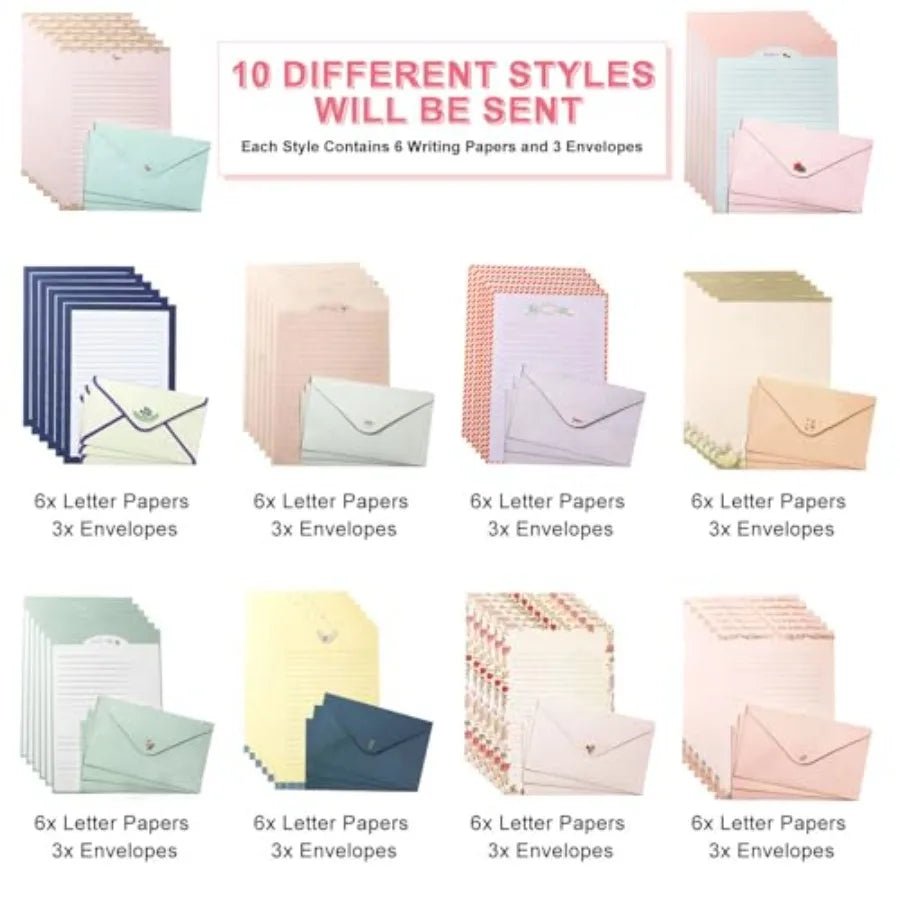 91 Pcs Stationery Paper Envelopes Set Inudes 60 Lined Writing Paper and 30 Envelopes with 48 Colorful Round Dot Stickers, Cute