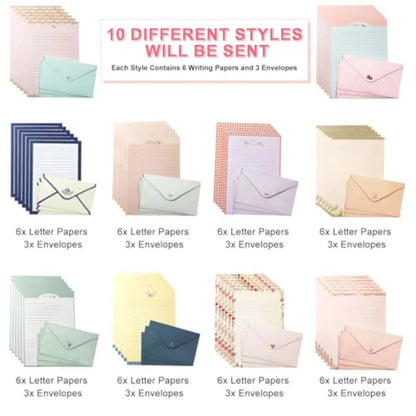 91 Pcs Stationery Paper Envelopes Set Inudes 60 Lined Writing Paper and 30 Envelopes with 48 Colorful Round Dot Stickers, Cute