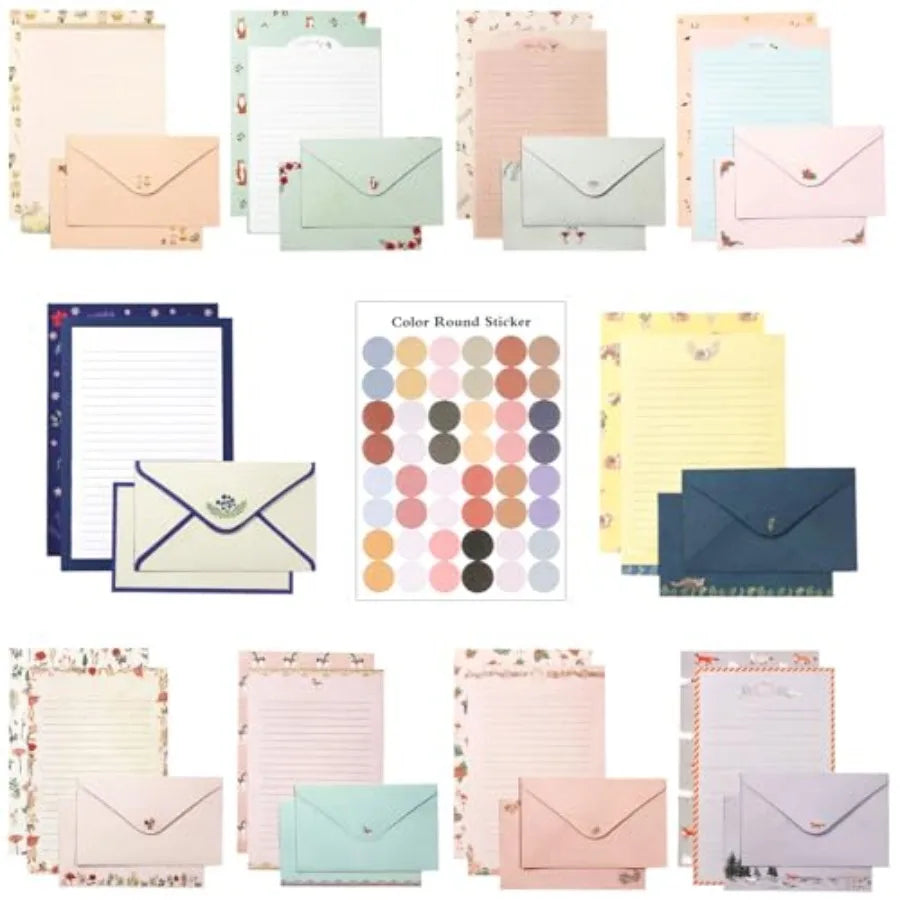 91 Pcs Stationery Paper Envelopes Set Inudes 60 Lined Writing Paper and 30 Envelopes with 48 Colorful Round Dot Stickers, Cute