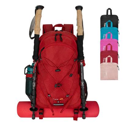 45L Foldable Water Resistant Hiking Backpack With Rain Cover & Trekking Pole Holder Ergonomic Daypack Black For Mountaineering Climbing Camping Backpacking Fishing Cycling Multi-Day Trek Weekend Travel Outdoor Sports Men Wome