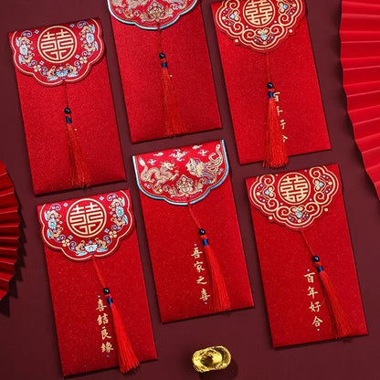 10Pcs/Set Traditional Chinese Wedding Red Envelopes with Tassel, Lucky Money Packets for Blessing
