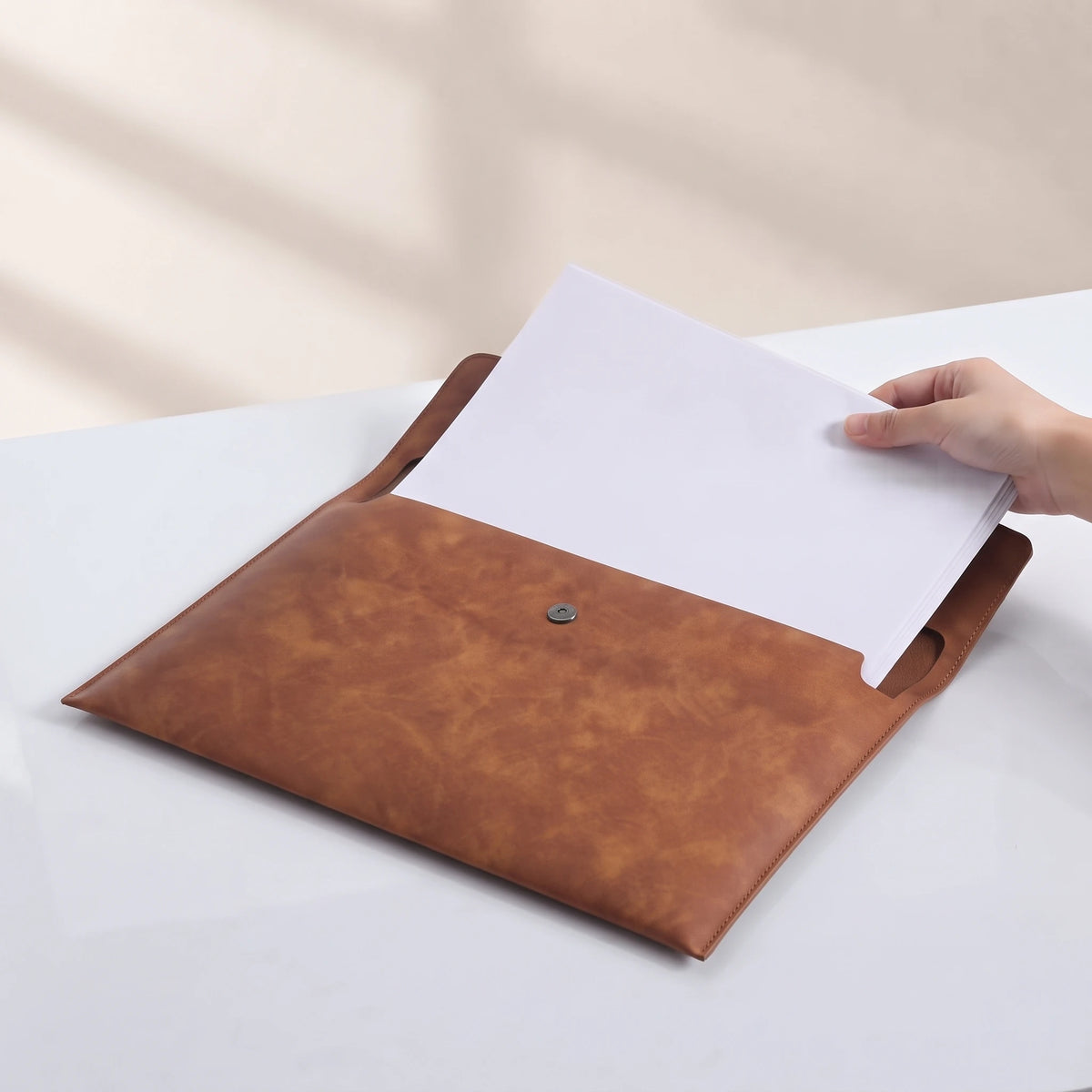 A4 Leather Document Folder, Thick Waterproof Portfolio Envelope, Snap Button File Bag, Large Capacity Business Portfolio Pouch for Contracts, Invoices & Paper Storage, Portable Office Document Holder