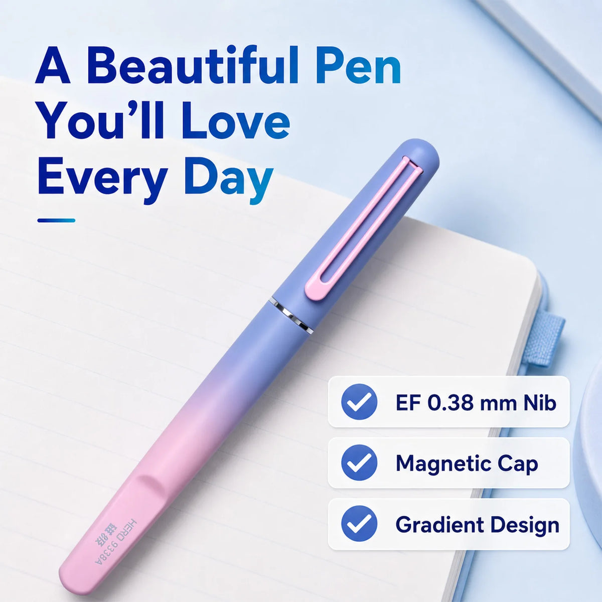 HERO 9338A Magnetic Fountain Pen 0.38mm Iridium EF Nib Frosted Gradient Metal Body Fingerprint Proof Ergonomic Grip Quick Dry Ink Smooth Writing, Anti-Skip & Anti-Blob