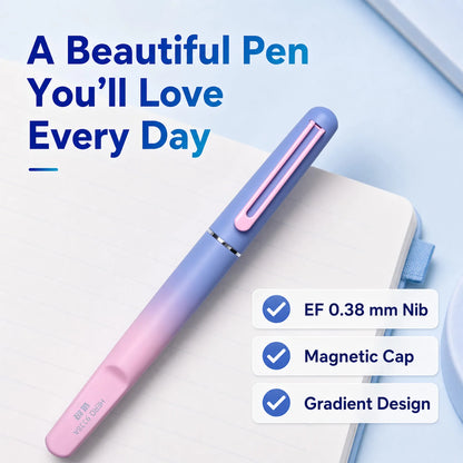 HERO 9338A Magnetic Fountain Pen 0.38mm Iridium EF Nib Frosted Gradient Metal Body Fingerprint Proof Ergonomic Grip Quick Dry Ink Smooth Writing, Anti-Skip & Anti-Blob