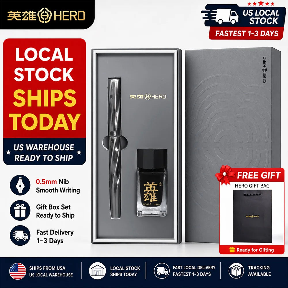 Hero E505A Fountain Pen Gift Set, Unique Twisted Spiral Streamline Barrel High Recognition, 0.5mm Gold Plated Iridium Nib Smooth Writing, Ergonomic Comfort Grip Anti-slip Texture