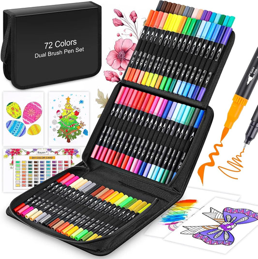 Art Markers Set, 72 Colors Dual Tip Brush Pens For Adult Coloring Book, Note-Taking, Calligraphy, Journaling, Sketching & Lettering, With Gift Case For School Art Supplies