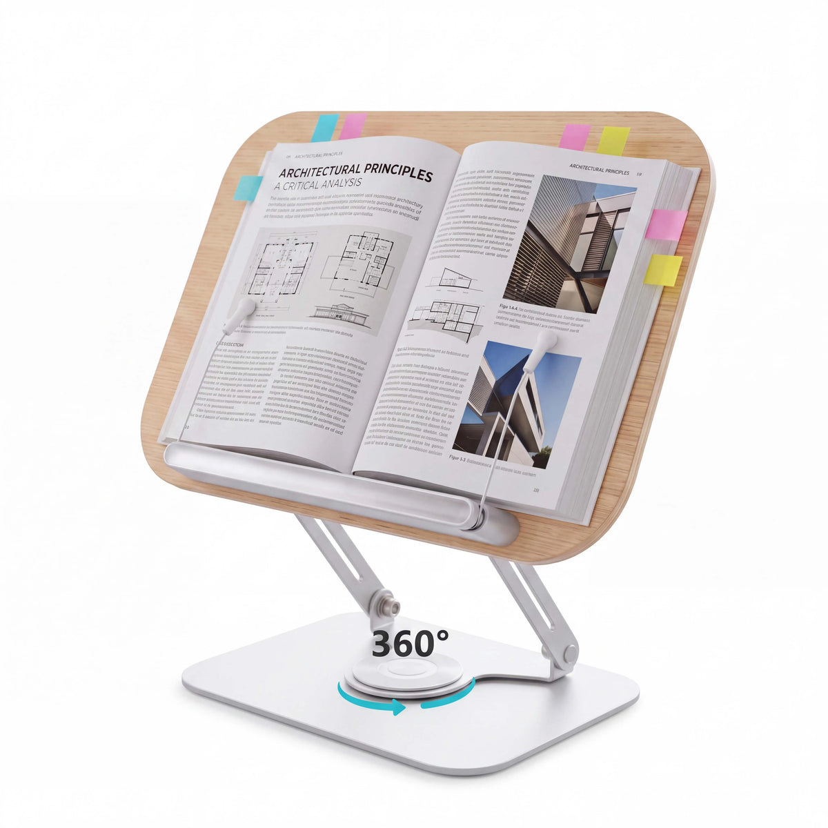 Book Stand for Reading Adjustable Book Holder with 360° Rotating Base Elastic Page Clips  Desktop Riser Stand Adjustable Book Stand with 360 Rotating Base, Foldable Reading Riser & Elastic Page Clips, for Books Tablets, Home