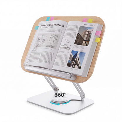 Book Stand for Reading Adjustable Book Holder with 360° Rotating Base Elastic Page Clips  Desktop Riser Stand Adjustable Book Stand with 360 Rotating Base, Foldable Reading Riser & Elastic Page Clips, for Books Tablets, Home