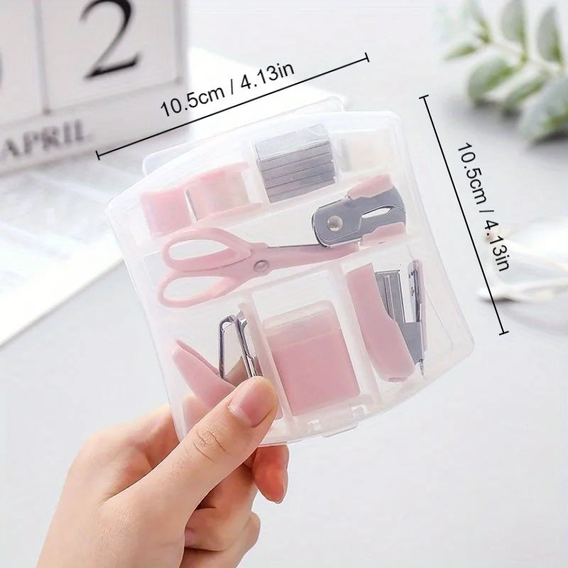8 Pcs Mini Office Supplies Set with Portable Case Including Scissors Tape Dispenser Pencil Case Hole Puncher and Staples for Home School Desktop Stationery