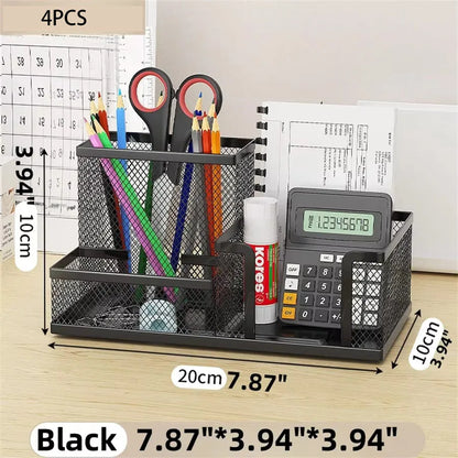 Black Mesh Desk Organizer 3‑Compartments Office Supply Caddy With Pencil Holder Storage Baskets Desktop Accessories Office Workspace Organizer