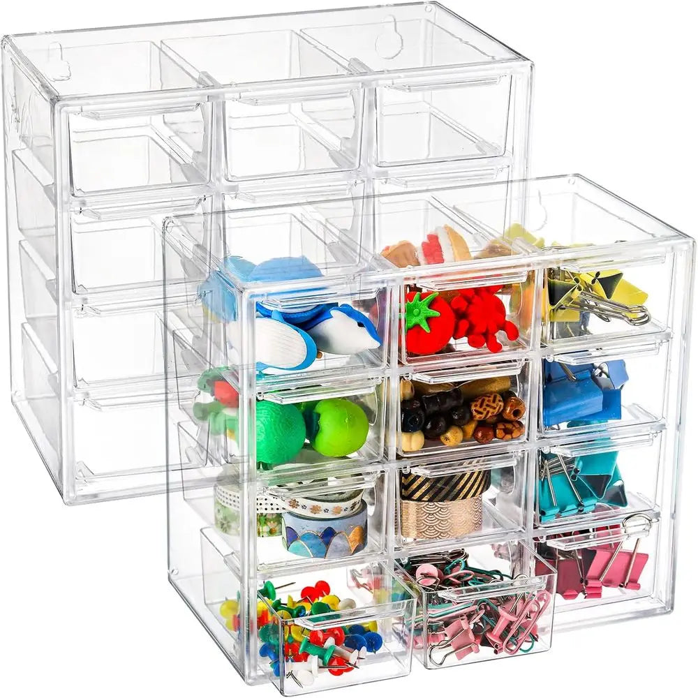 2-Pack Clear Mini Desk Organizer with 12 Removable Drawers for Desk Craft Storage, Art Supplies, Office, and Cosmetics