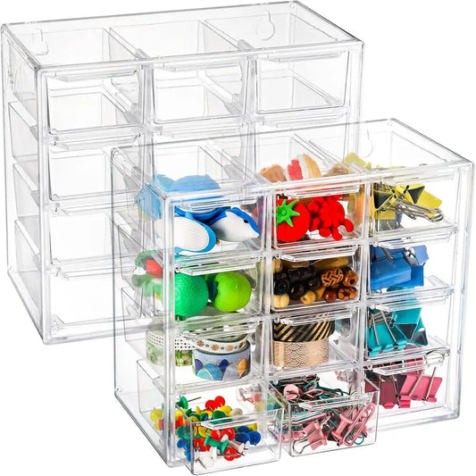 2-Pack Clear Mini Desk Organizer with 12 Removable Drawers for Desk Craft Storage, Art Supplies, Office, and Cosmetics