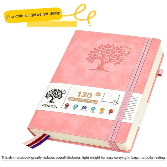 A4 Ruled Hardcover Diary Notebook, Faux PU Leather Cover, 130 Pages Thick Paper Journal with Elastic Band & Bookmark Ribbon, Writing Notepad for Office School Business Men Women