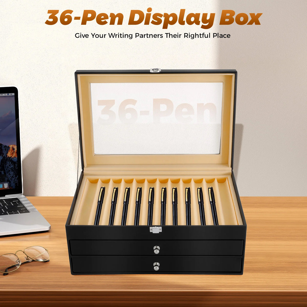 NEWEST 36 Slots Pen Display Box, Leather Pen Organizer Box, Glass Window Pen Collection Display Case, Luxury Pen Collector Case, Black
