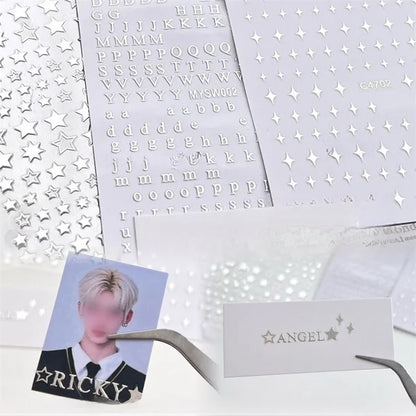 3Pcs  Toploader Decorative Stickers Set - Silver Letters & Starburst Star Design Photocard Accessories for Fans, DIY Planner Scrapbook Stationery, Album Decoration Supplies
