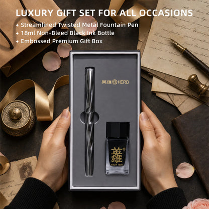 Hero E505A Fountain Pen Gift Set, Unique Twisted Spiral Streamline Barrel High Recognition, 0.5mm Gold Plated Iridium Nib Smooth Writing, Ergonomic Comfort Grip Anti-slip Texture