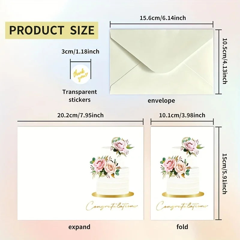 10 Pack Gold Foil Congratulations Greeting Cards with Envelopes & Sealing Stickers, Floral Wedding Cake Design Blank Inside Note Cards for Wedding Engagement Bridal Shower Marriage Gift