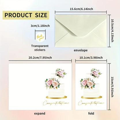 10 Pack Gold Foil Congratulations Greeting Cards with Envelopes & Sealing Stickers, Floral Wedding Cake Design Blank Inside Note Cards for Wedding Engagement Bridal Shower Marriage Gift