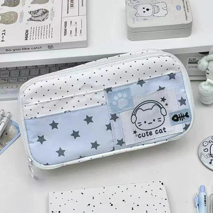 Cute Cat Polka Dot Pencil Case Blue Multi-Layer Large Capacity Pen Bag Portable Student School Stationery Storage Pouch
