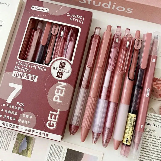 7pcs/Set St-Tip Push Pen & Pen Combination School Stationery Set Quick Drying And Brush Writing