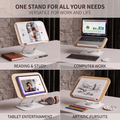Book Stand for Reading Adjustable Book Holder with 360° Rotating Base Elastic Page Clips  Desktop Riser Stand Adjustable Book Stand with 360 Rotating Base, Foldable Reading Riser & Elastic Page Clips, for Books Tablets, Home