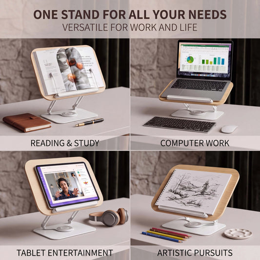 Book Stand for Reading Adjustable Book Holder with 360° Rotating Base Elastic Page Clips  Desktop Riser Stand Adjustable Book Stand with 360 Rotating Base, Foldable Reading Riser & Elastic Page Clips, for Books Tablets, Home