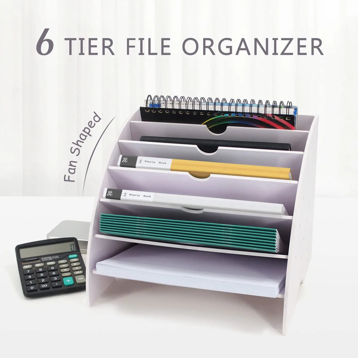 Fan Shaped Desk File Organizer - 6 Compartments File Holder for Desktop, Magazine Rack, Mail Holder, File Sorter, Paper Organizer for Home Office Classroom, White