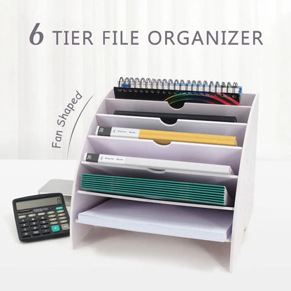 Fan Shaped Desk File Organizer - 6 Compartments File Holder for Desktop, Magazine Rack, Mail Holder, File Sorter, Paper Organizer for Home Office Classroom, White
