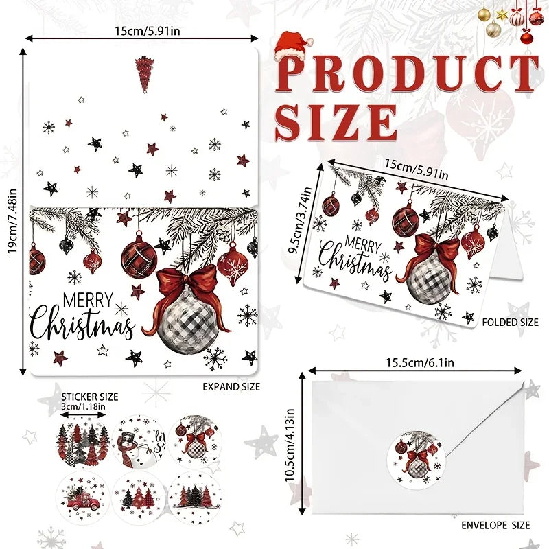 24 Pack Christmas Greeting Cards with Envelopes & Seal Stickers, Black Red Plaid Snowman Christmas Tree Ornament Designs Blank Holiday Note Cards for Winter Xmas Party Family Friends Wishes