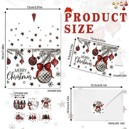 24 Pack Christmas Greeting Cards with Envelopes & Seal Stickers, Black Red Plaid Snowman Christmas Tree Ornament Designs Blank Holiday Note Cards for Winter Xmas Party Family Friends Wishes