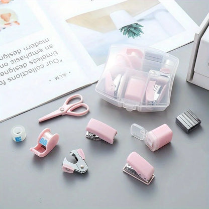 8 Pcs Mini Office Supplies Set with Portable Case Including Scissors Tape Dispenser Pencil Case Hole Puncher and Staples for Home School Desktop Stationery