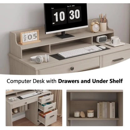 Small Desk with Small Spaces, 44'' Computer Desk with Cabinet & Monitor Stand, Wood Writing Desk or Bedroom, Living room