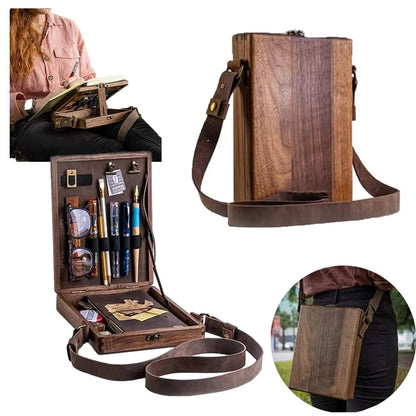 Pen Holder Wooden Desk Organizer Box Portable Stationery Storage Case With Shoulder Strap For Pens Pencils Notes Home Office