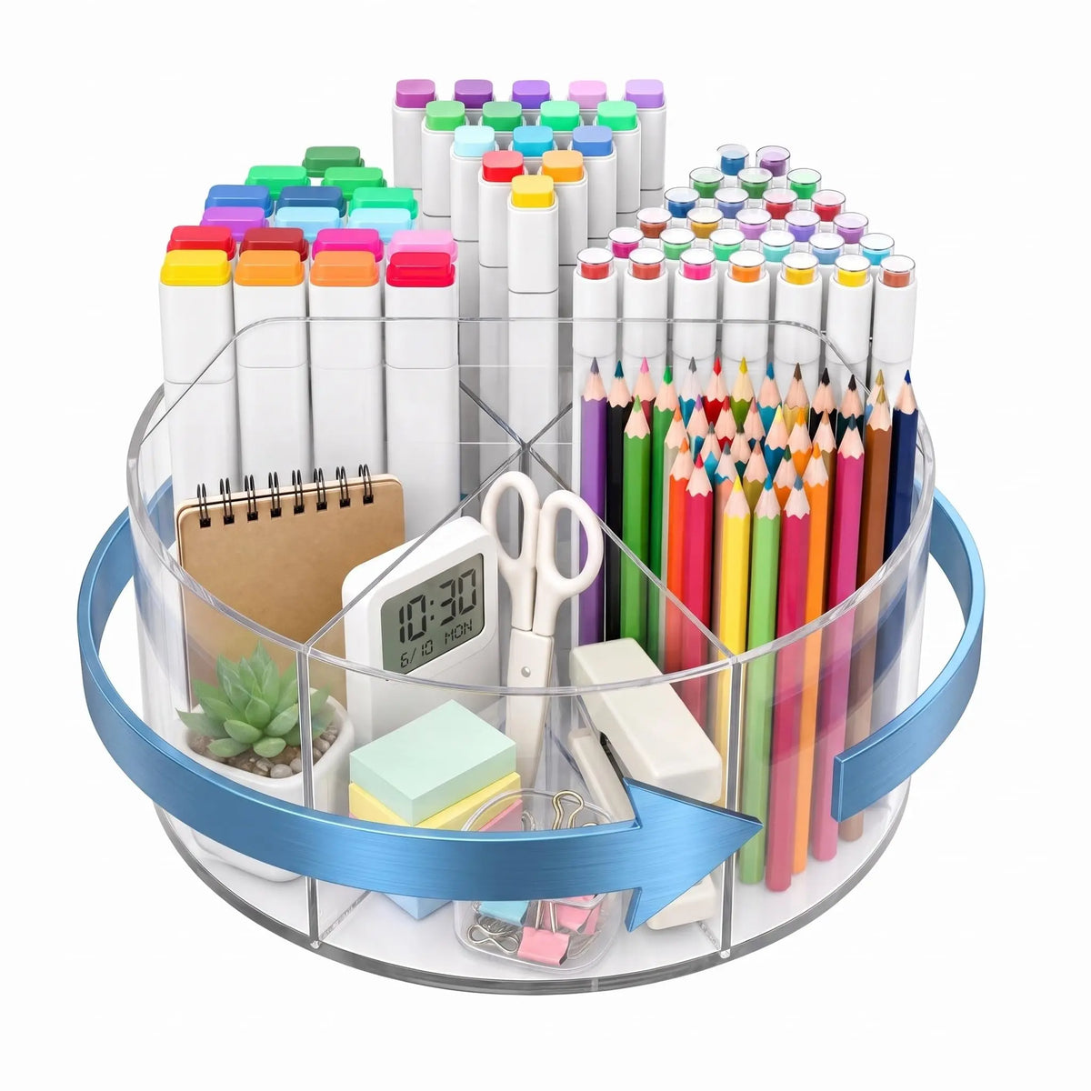Spinning Acrylic Desk Pen Holder 360 Degree With 6 Compartments And Handle 7.87 Inch Diameter Clear Desktop Caddy For Supplies Desk Matt For Desktop Office Vanity Storage