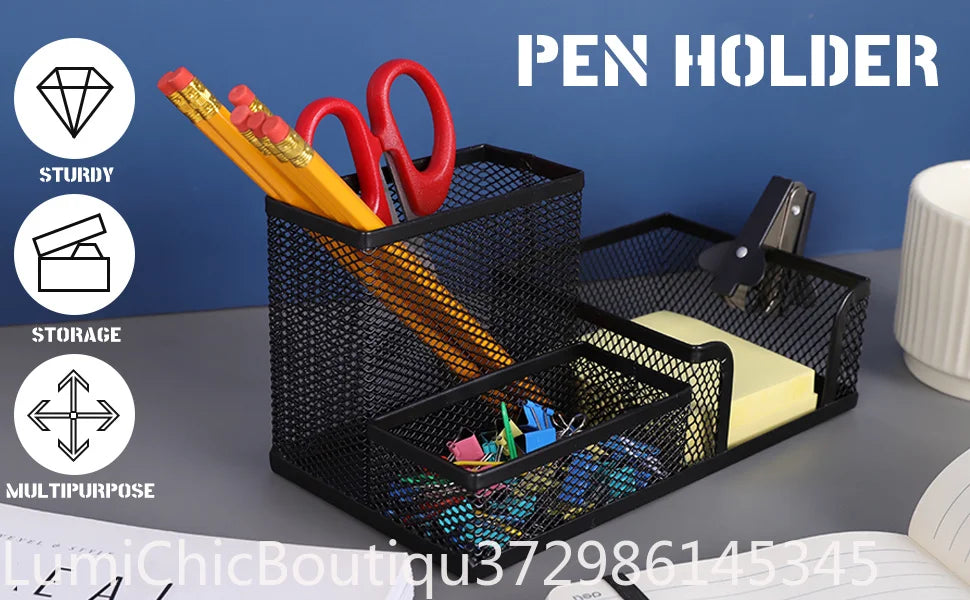 Black Mesh Desk Organizer 3‑Compartments Office Supply Caddy With Pencil Holder Storage Baskets Desktop Accessories Office Workspace Organizer