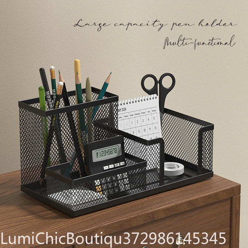 Black Mesh Desk Organizer 3‑Compartments Office Supply Caddy With Pencil Holder Storage Baskets Desktop Accessories Office Workspace Organizer