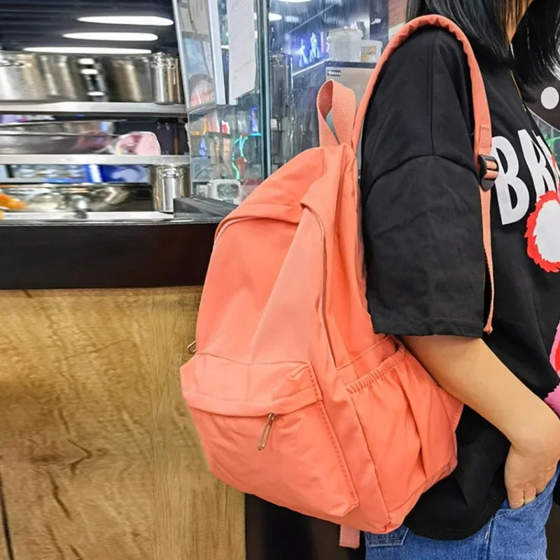 Simple Solid Color Backpack Women Nylon School Bags for Teenager Girls Shoulder Bag