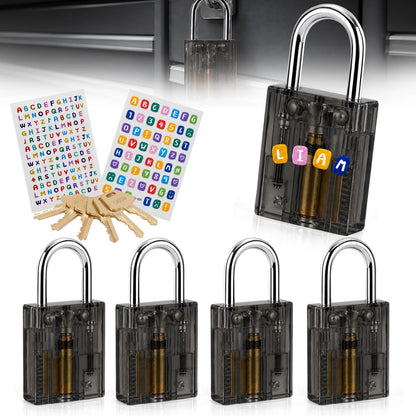 BOZZYS Transparent Mini Lock Set of 5 with 6 Keys, DIY Stickers Included, Make It Yours Design, One Key Opens Every Lock, Compact Colorful Padlocks for Gym Lockers, Cabinets, Suitcases and Zipper Bags