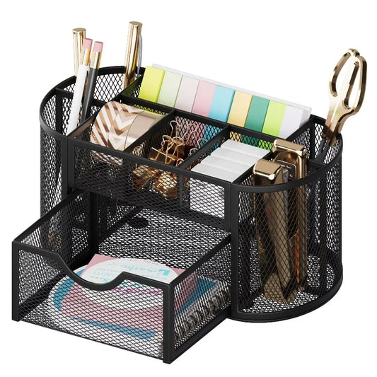 Desk Organizer, Pen Holder with Drawers Pencil Holder for Desk Mesh Office Supply Organizer and Storage, Black
